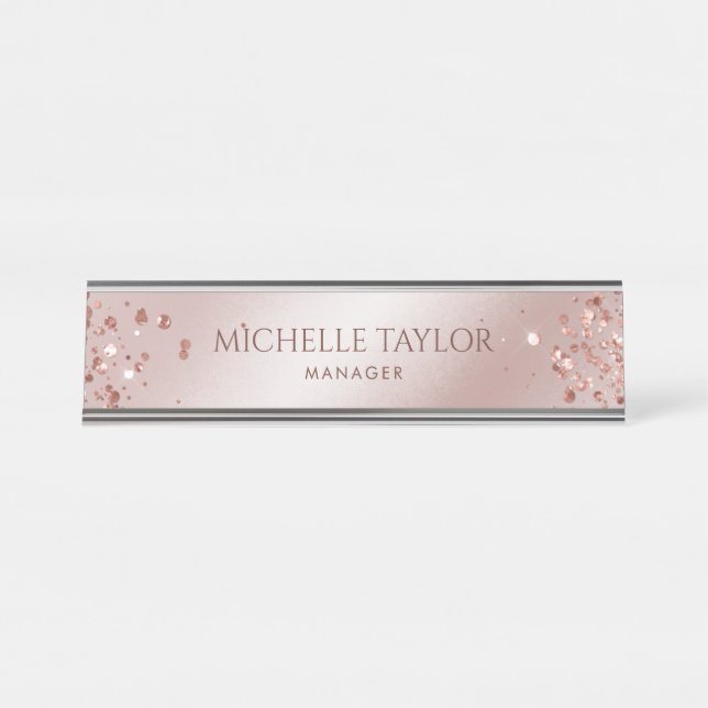Modern Professional Rose Gold Sparkle Glitter Desk Name Plate (Front)