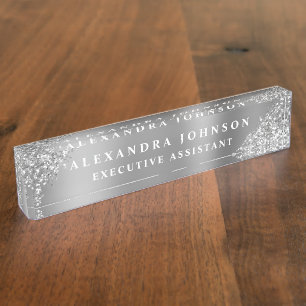 Modern Professional Silver Sparkle Glitter Nameplate