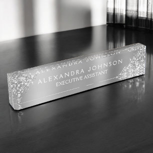 Modern Professional Silver Sparkle Glitter Nameplate