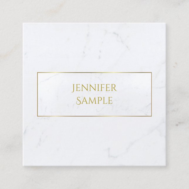 Modern Professional White Marble Gold Text Luxury Square Business Card (Front)