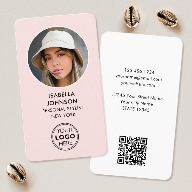 Modern Profile Photo Logo QR Code Blush Pink Business Card (Creator Uploaded)