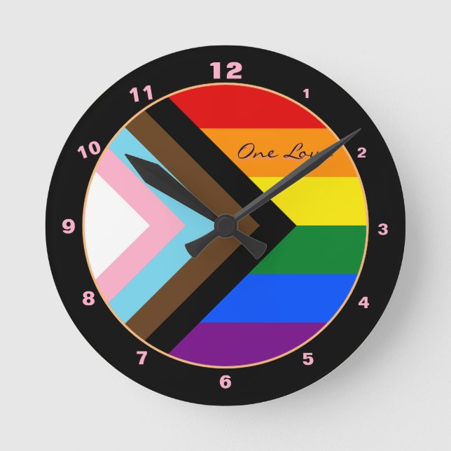 Modern Progress Rainbow flag design, Pride / LGBTQ Round Clock (Front)