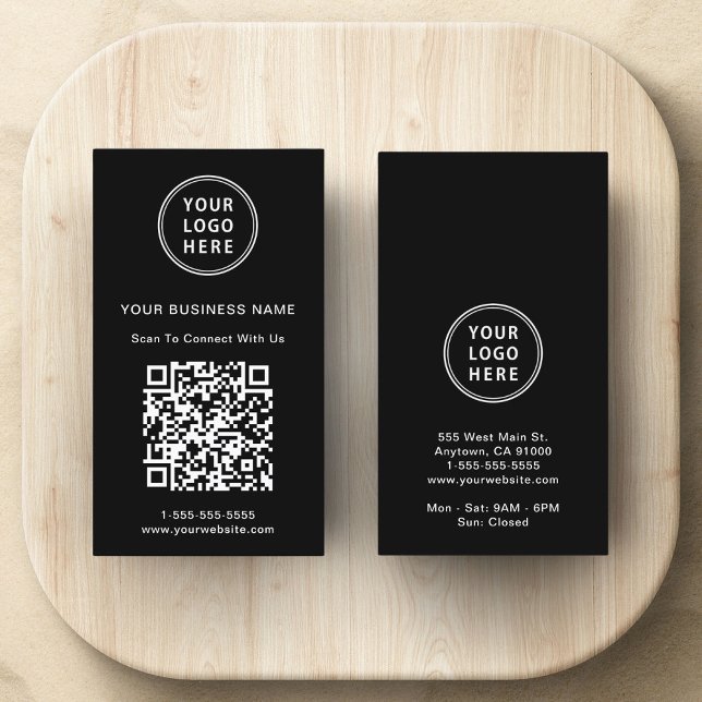 Modern Promotional Logo QR Code Black Business Card (Modern logo and QR code professional black business card)