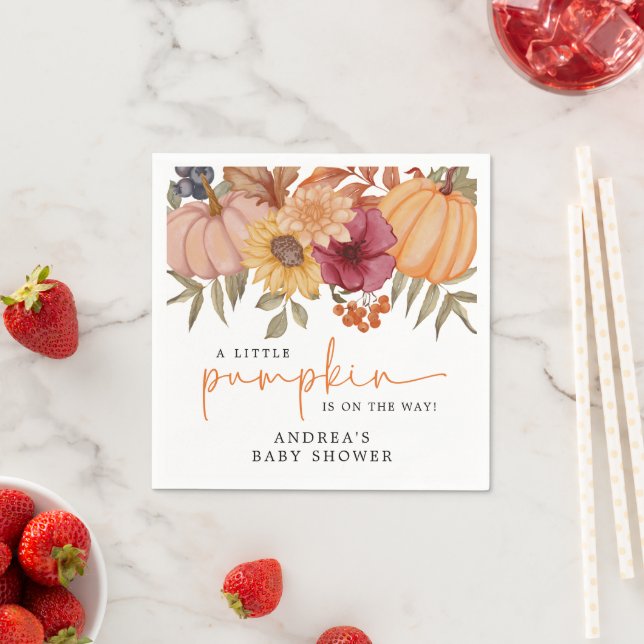 Modern Pumpkin Autumn Flower Pumpkin Baby Shower Napkin (Insitu)