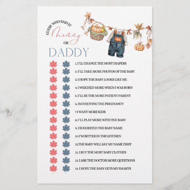 Modern Pumpkin Baby Shower Mum or Dad Game (Front)