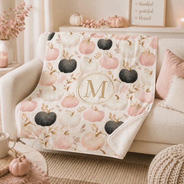 Modern Pumpkin Monogram – Personalised Initial Sherpa Blanket (Creator Uploaded)