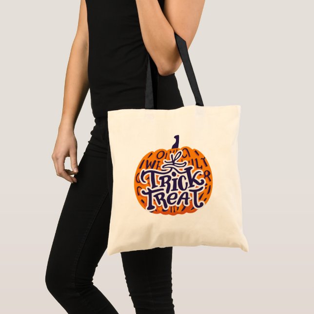 Modern Pumpkin Navy Blue and White Trick or Treat Tote Bag (Front (Product))