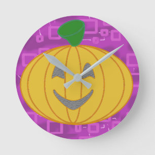 Modern Pumpkin on Purple Geometric Round Clock