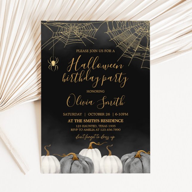 Modern Pumpkin Spider Halloween Birthday Party Invitation (Modern Adult Halloween Birthday Party Invitation)