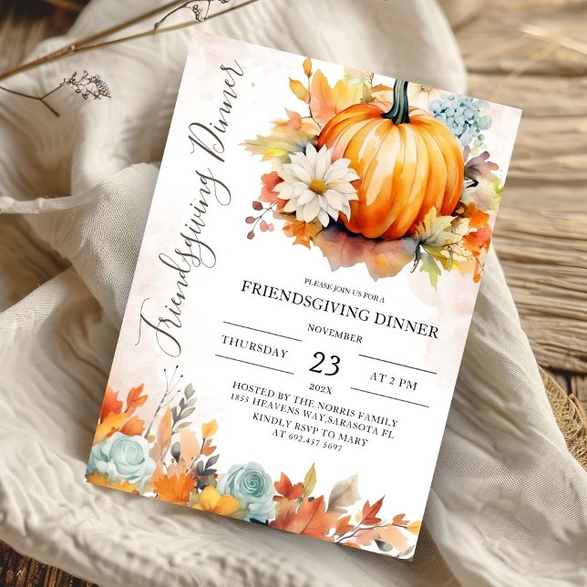 Modern Pumpkin Watercolor Friendsgiving Dinner  Invitation (Creator Uploaded)