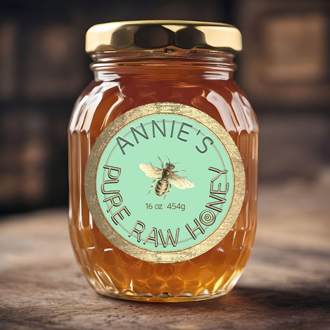 Modern Pure Raw Honey Bee Gold Frame Blue Cyan   Classic Round Sticker (Creator Uploaded)