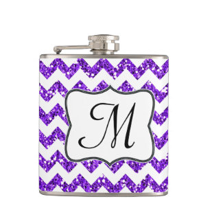 Modern Purp Glitter Chevron Monogram Whiskey Flask