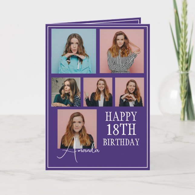 Modern Purple 6 Photo Collage 18th Birthday Card (Front)