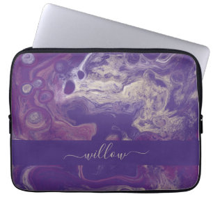 Modern Purple Abstract Paint Pour Art Monogram Laptop Sleeve