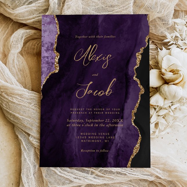 Modern Purple Agate Chic Script Wedding Invitation (Creator Uploaded)