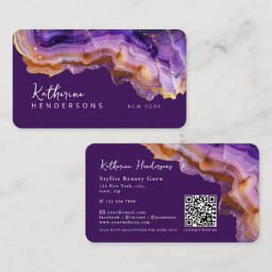 Modern Purple Agate & gold glitter marble QR Code Business Card
