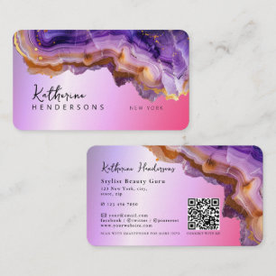 Modern Purple Agate & gold glitter marble QR Code Business Card