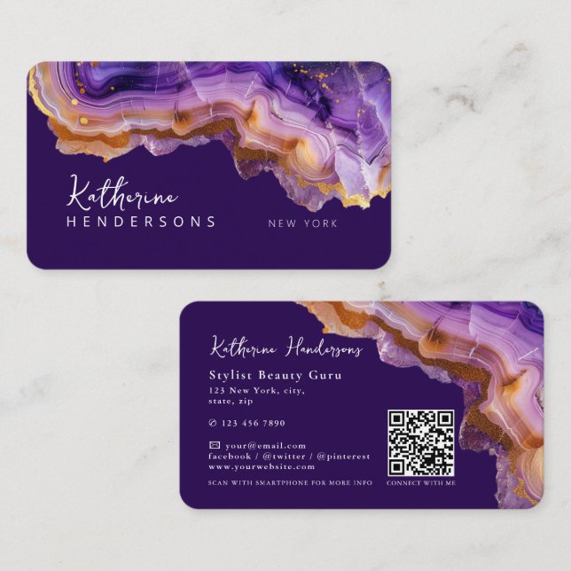 Modern Purple Agate & gold glitter marble QR Code Business Card (Front/Back)