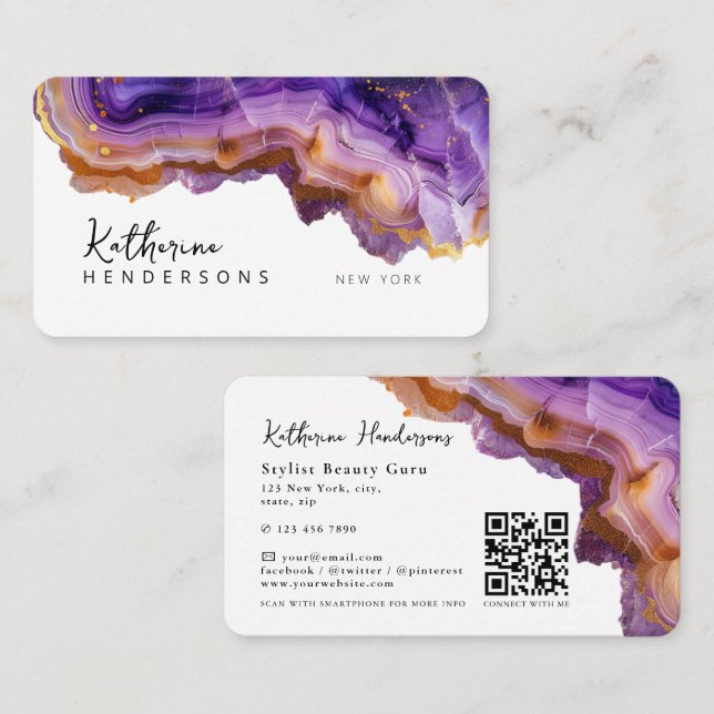 Modern Purple Agate & gold glitter marble QR Code Business Card (Front/Back)