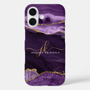 Modern Purple Agate Gold Glitter Script Monogram iPhone 16 Case