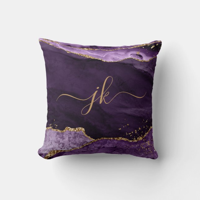 Modern Purple Agate Gold Glitter Script Monogram Cushion (Front)