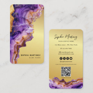 Modern Purple Agate gold marble & QR Code Logo Business Card