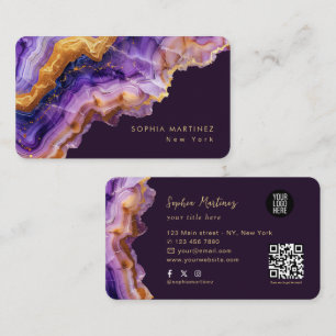 Modern Purple Agate gold marble & QR Code Logo Business Card
