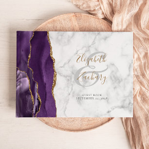 Modern Purple Agate Gold Script Marble Guest Book