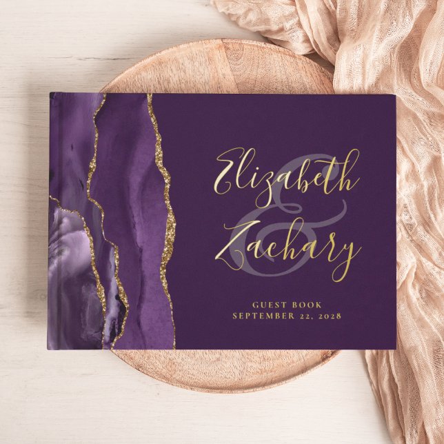 Modern Purple Agate Gold Script Plum Guest Book (Creator Uploaded)