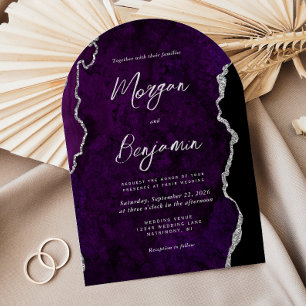 Modern Purple Agate Silver Script Arch Wedding Invitation