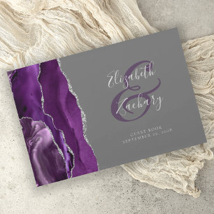 Modern Purple Agate Silver Script Grey Guest Book