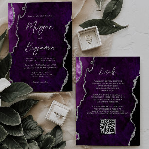 Modern Purple Agate Silver Script QR Code Wedding Invitation