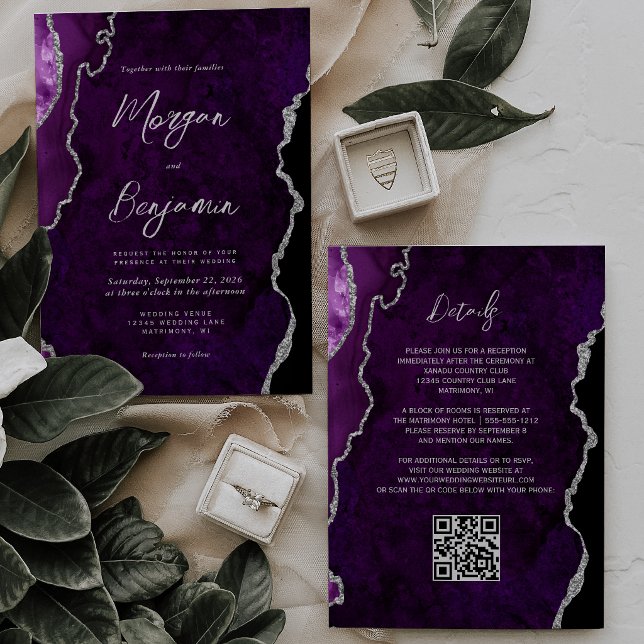 Modern Purple Agate Silver Script QR Code Wedding Invitation (Creator Uploaded)