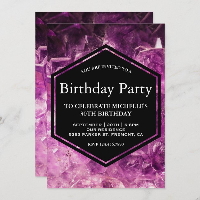 Modern Purple Amethyst Gemstone Birthday Party Invitation (Front/Back)