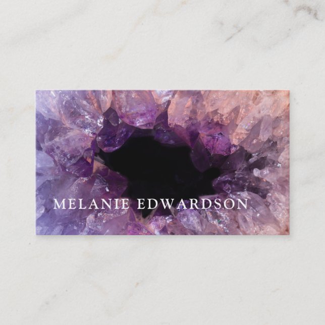 Modern purple amethyst gemstone geode mineral business card (Front)