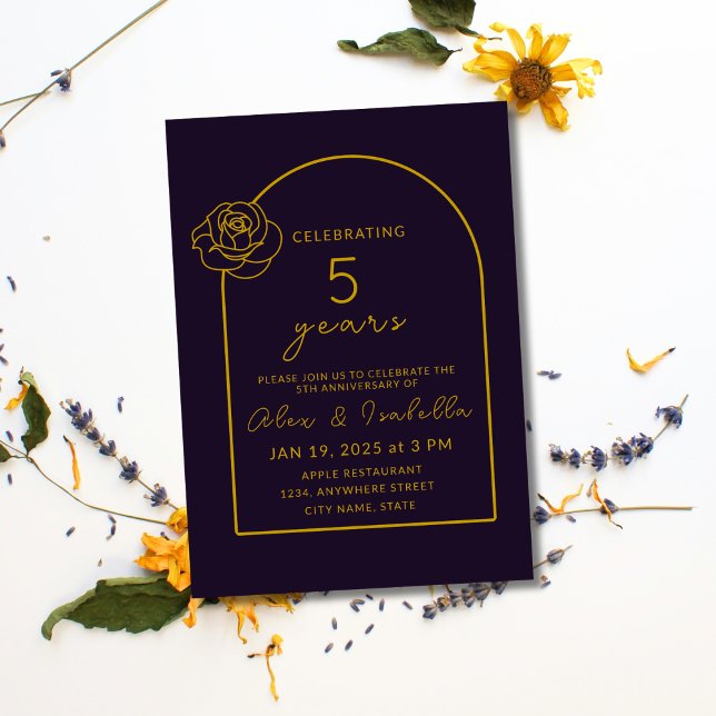 Modern purple and Gold 5th Wedding Anniversary Invitation (Modern, elegant, minimalist purple and gold custom 5th year wood wedding anniversary invitation.png)