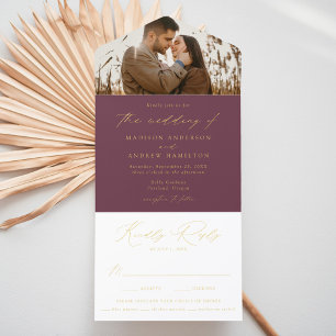 Modern Purple and Gold Foil Script Photo Wedding All In One Invitation