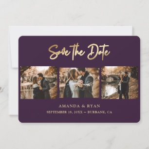 Modern Purple and Gold Foil Wedding 3 Photo Save The Date