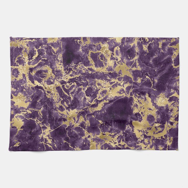 Modern Purple and Gold Marble Pattern Tea Towel (Horizontal)