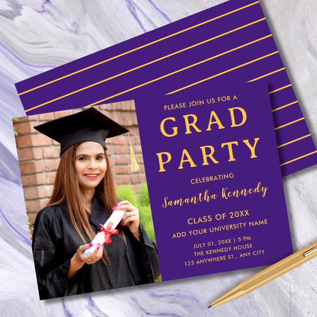 Modern Purple And Gold Photo Graduation 2026 Party Invitation (Creator Uploaded)