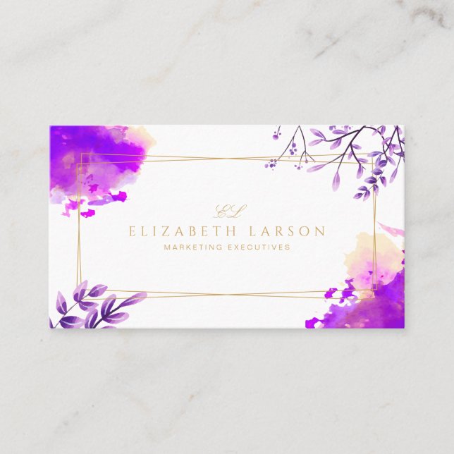 Modern Purple And Gold Watercolor Professional Business Card (Front)