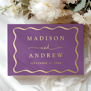 Modern Purple and Gold Wavy Frame Photo Wedding Guest Book