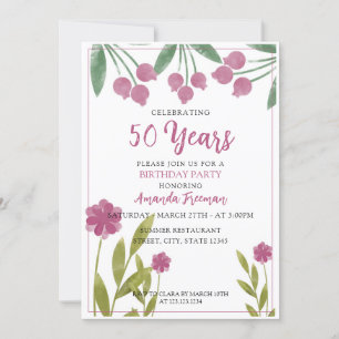 Modern Purple and Green Flowers Mother Birthday Invitation