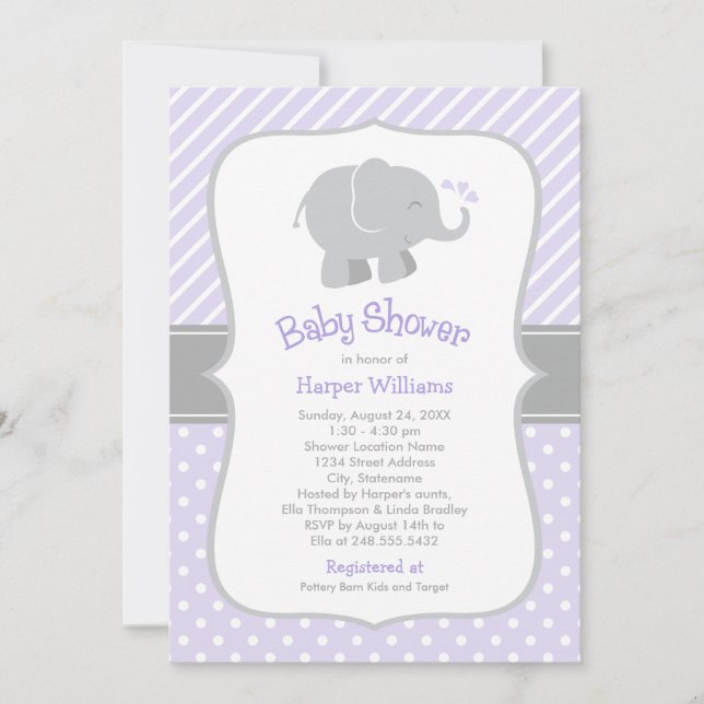 Modern Purple and Grey Elephant Girl Baby Shower Invitation (Front)