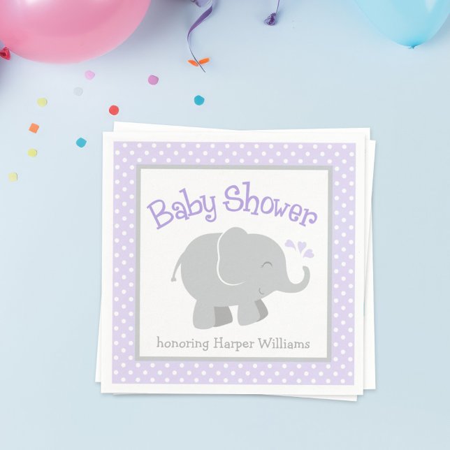 Modern Purple and Grey Elephant Girl Baby Shower Napkin (Creator Uploaded)