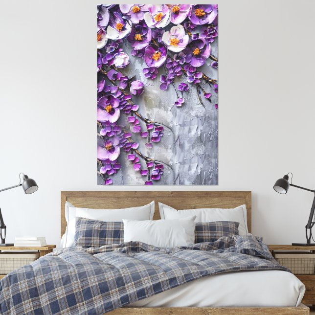 Modern Purple and Grey Floral Canvas Print (Insitu(Bedroom))
