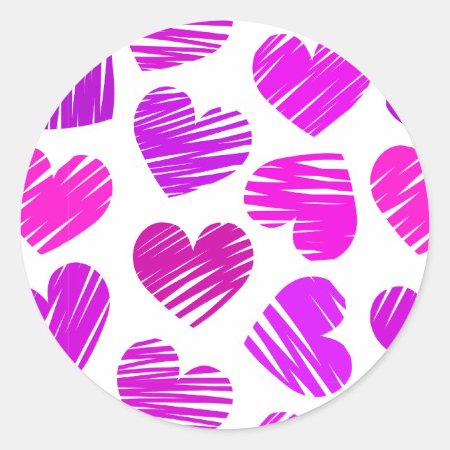 Modern Purple and Pink Doodled Hearts Valentine Classic Round Sticker (Front)