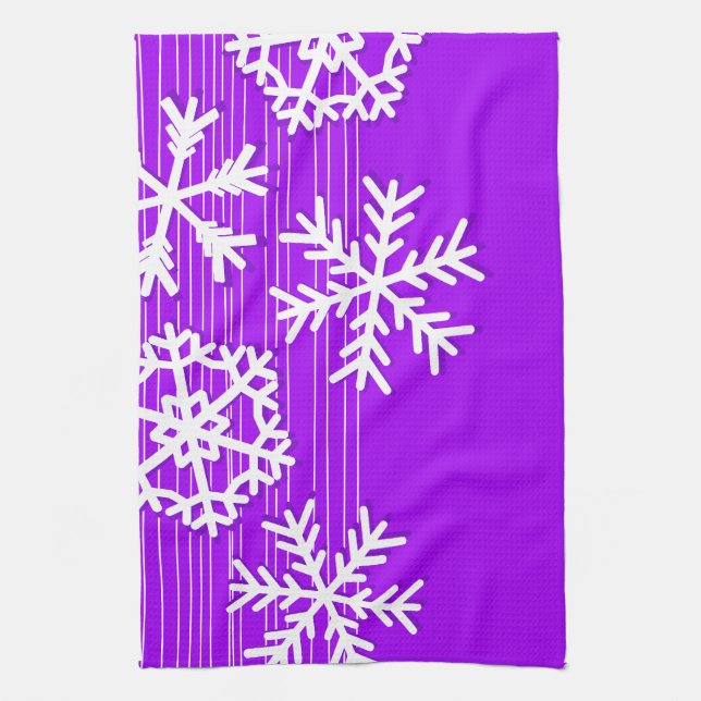 Modern purple and white Christmas snowflakes Tea Towel (Vertical)