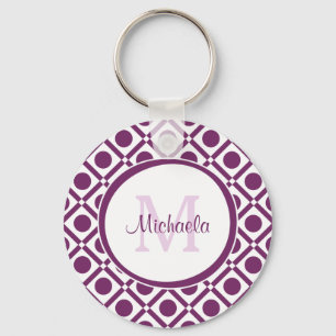 Modern Purple and White Geometric Monogrammed Name Key Ring