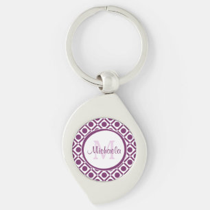 Modern Purple and White Geometric Monogrammed Name Key Ring